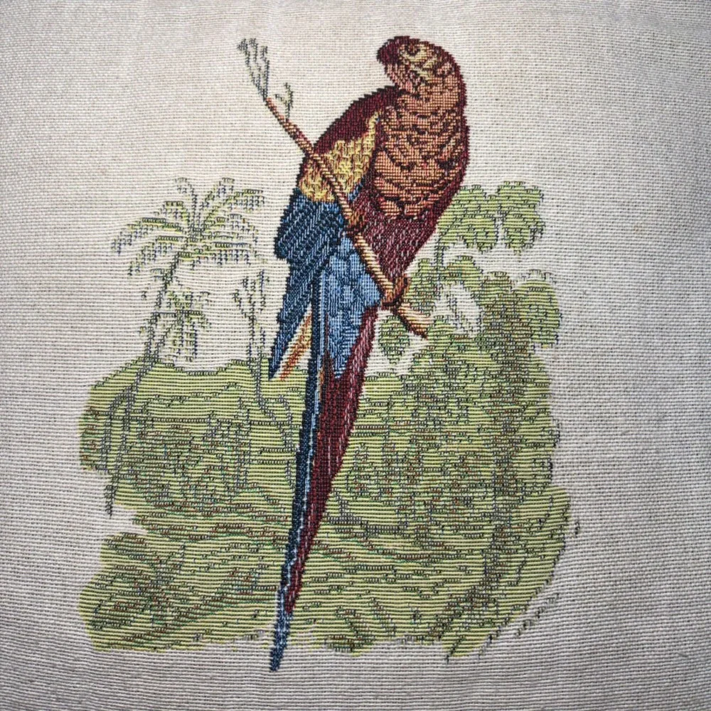DakotaH Parrot Tapestry Throw Pillow Tropical Gingham Border Blue Green 15x15